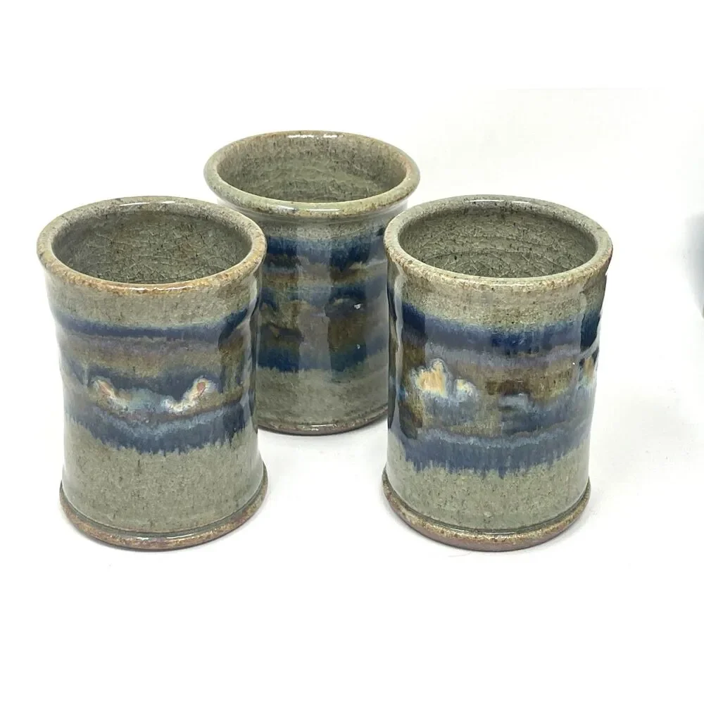 Pottery Air Plant/Vase/Mug Cup Ceramic Clay Handmade Blue Grey Set of 3 Signed